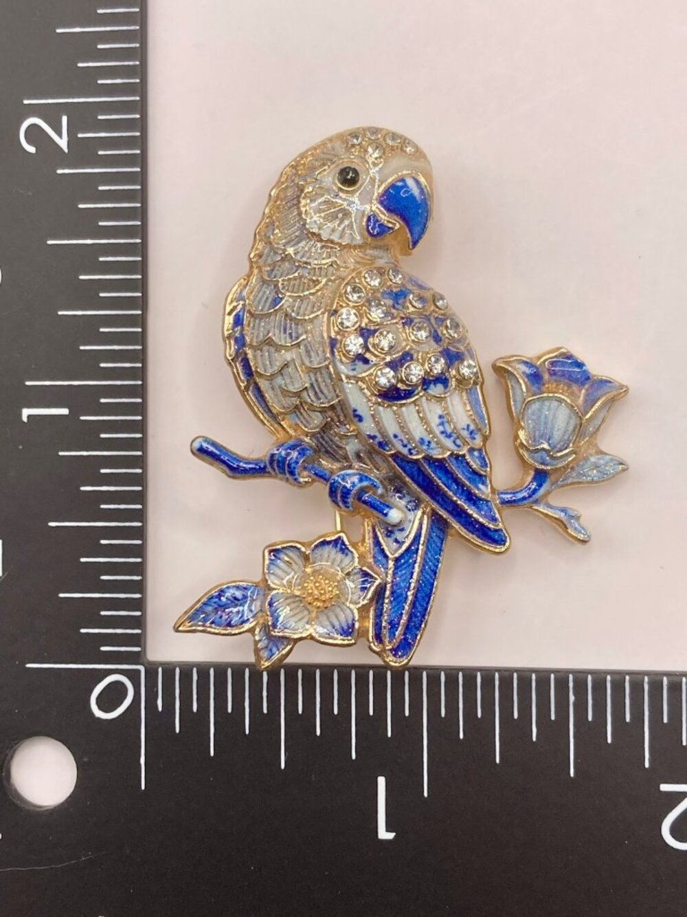 Blue & White Enamel Parrot Brooch Pin Floral Design Gold-Tone -32B - Picture 5 of 5